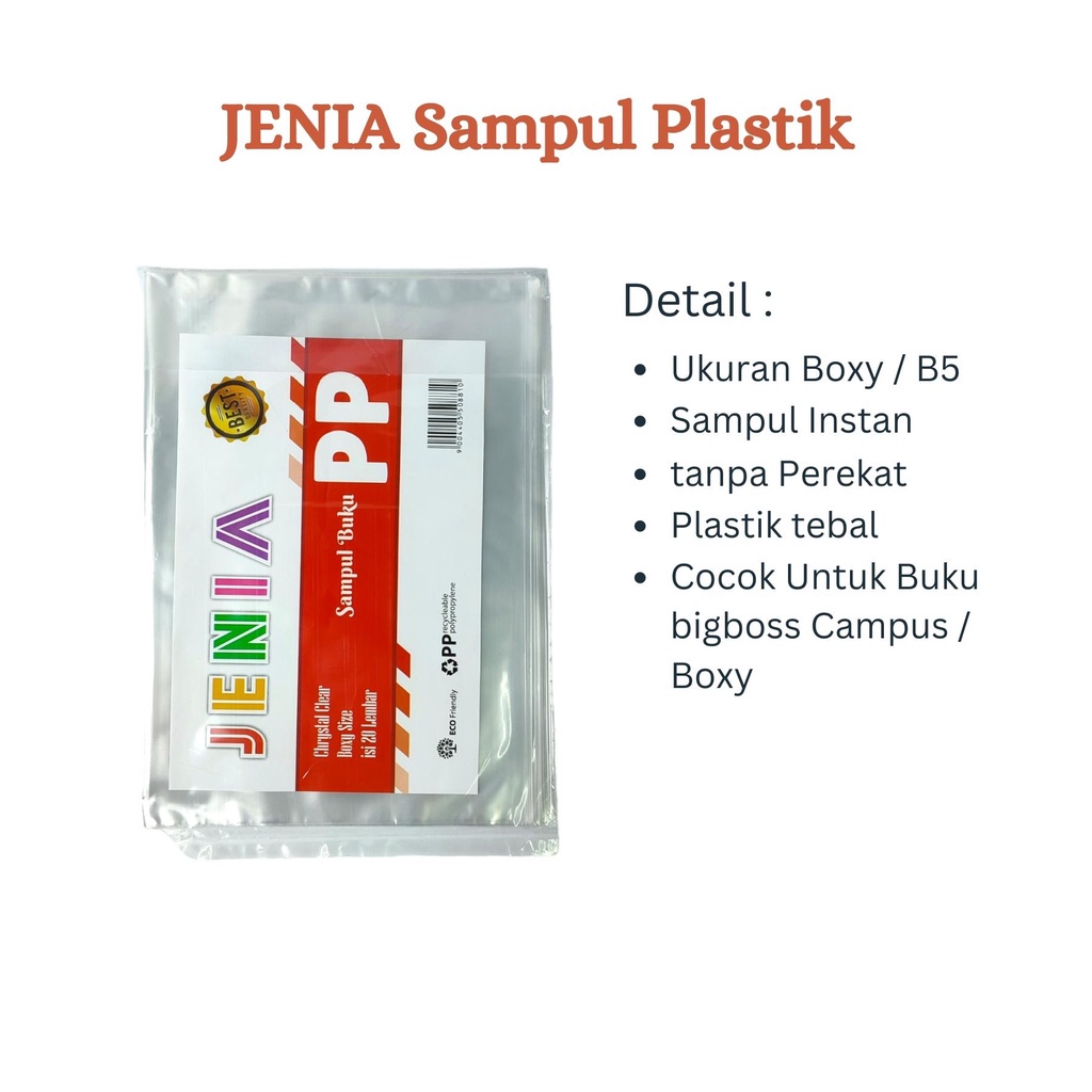 

Sampul PLASTIK BOXY JENIA / B5 untuk Buku Besar (big boss Campuss) Merek JENIA Tebal Best Quality - Per Pak ( 20 Lembar ) SHESB