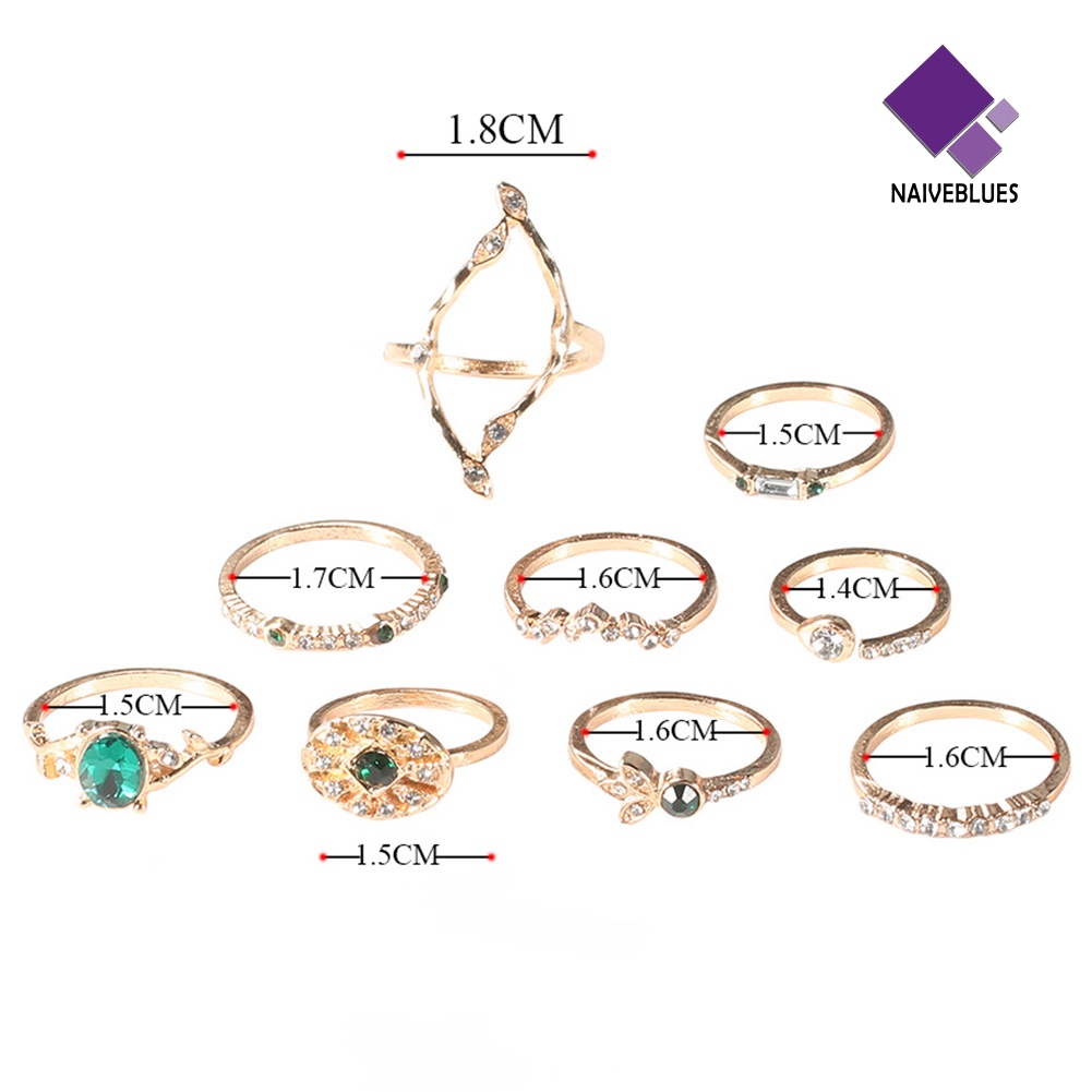 &lt; Naiveblues &gt; 9Pcs/Set Lady Hollow Rhombic Oval Berlian Imitasi Pembukaan Susun Buku Jari Cincin