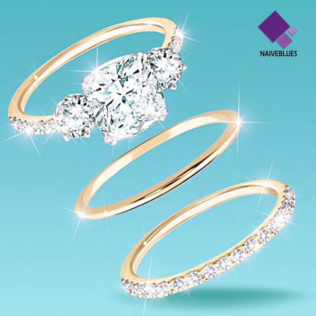 &lt; Naiveblues &gt; 3Pcs/Set Cincin Berlian Imitasi Hias Tahan Aus Paduan Wanita Jari Untuk Pernikahan