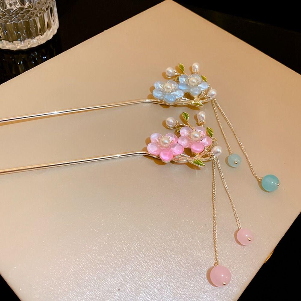 Agustina Hanfu Rambut Stik Wanita Retro Mutiara Bunga Rumbai Gaya Rambut Alat Desain Hiasan Kepala Gaya Cina