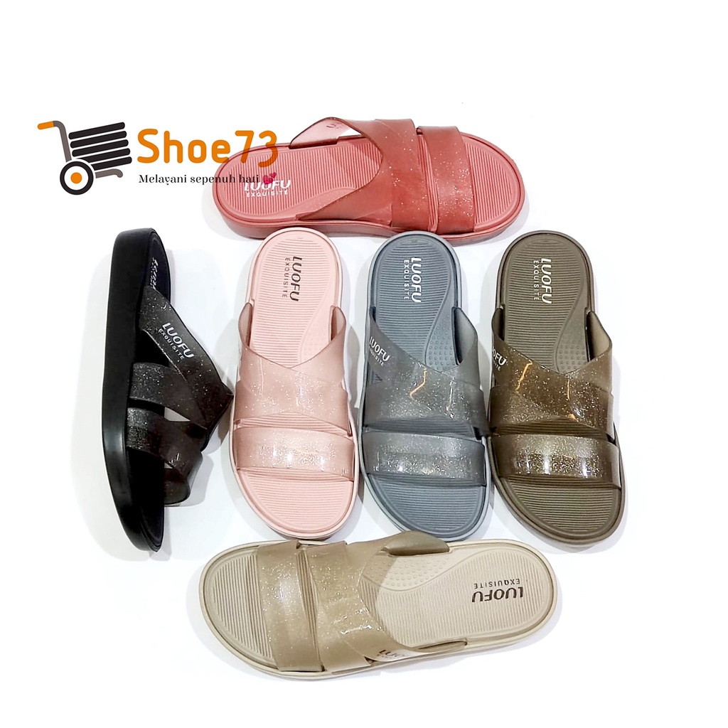 LUOFU E 7185 - TF6B SIZE 36-40 ORIGINAL l Sandal Selop Transparan gliter jelly wanita l Sendal kokop cewek ringan impor