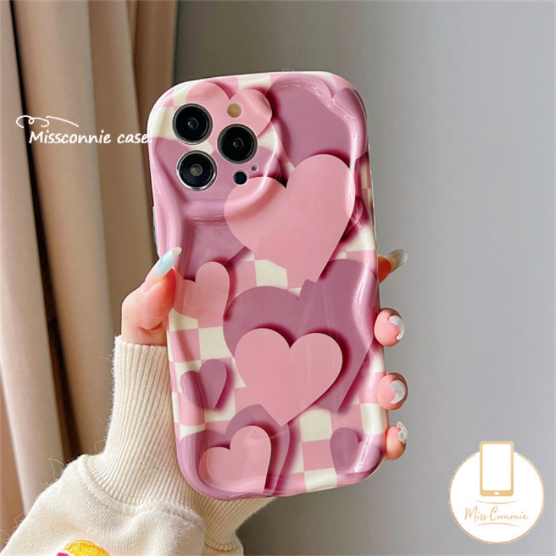 Casing Ponsel Cinta Hati Gradasi Pink Kompatibel Untuk IPhone 14xr 7Plus 11 12 13 Pro Max X 7 8 6s 6 Plus XS Max SE 2020 3D Wavy Curved Edge Glossy Shockproof Cover Soft Shell