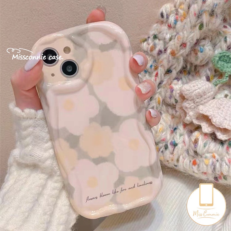 IPHONE Ins Musim Semi Segar Bunga Case Kompatibel Untuk Iphone11 14 12 13 Pro Max 7Plus XR X7 8 6s 6 Plus XS Max SE 2020 3D Bergelombang Tepi Melengkung Shockproof Lembut Mengkilap Penutup Belakang