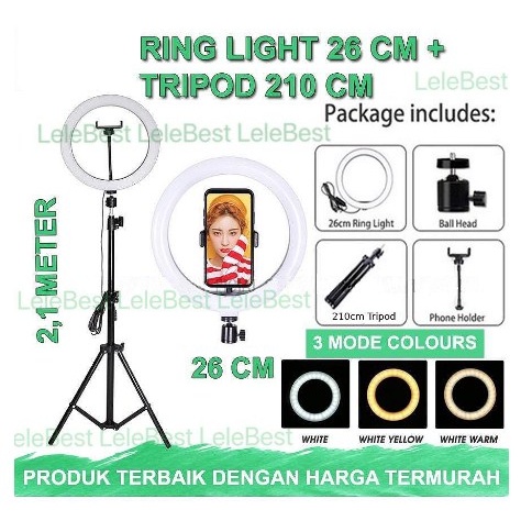 Paket Komplit Ring Light 26cm Plus Tripod Tripot 210cm