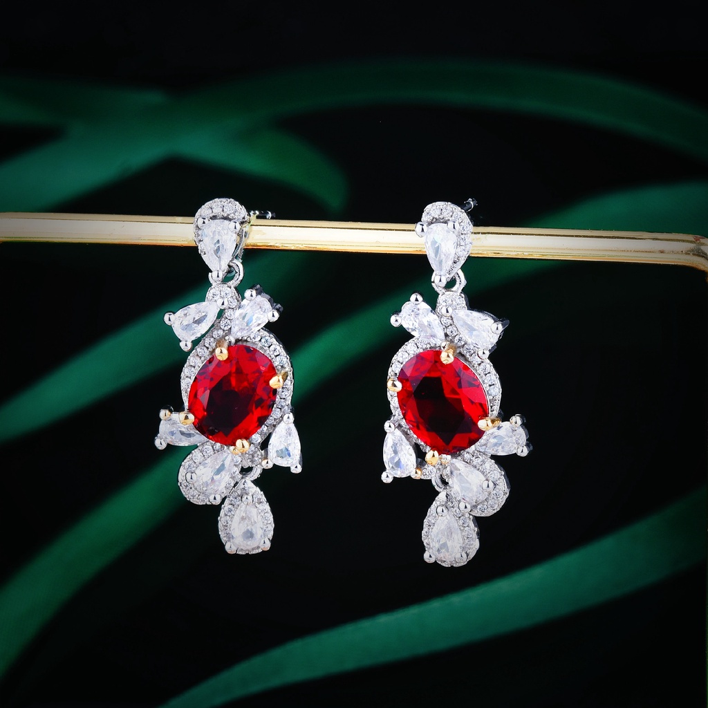 Goldkingdom Aksesoris Perhiasan Fashion Ready Stock Dove Blood Red Permata Sterling Silver Full Diamond Drop-shaped Red Diamond Earrings Female