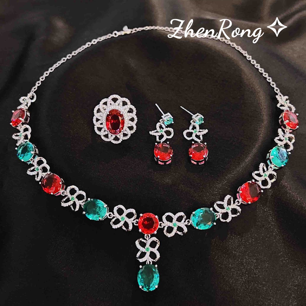 Goldkingdom Fashion Perhiasan Aksesoris Ready Stock Mewah Colorful Harta Karun Kalung Anting Cincin Set Tiga Potong Dari Batu Permata Turmalin Warna-Warni