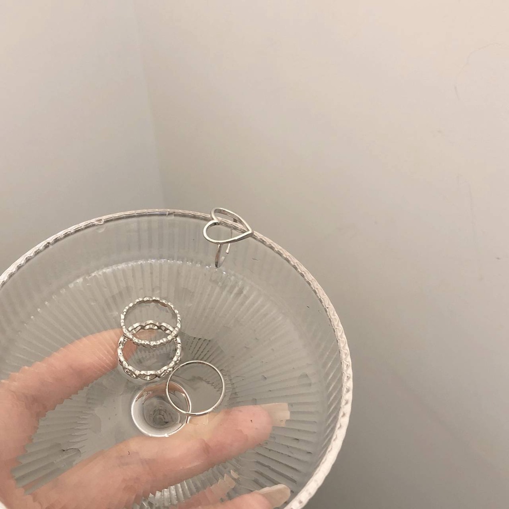 4pcs/set Cincin Silver Simple Set Cincin Hollow Hati Untuk Aksesoris Perhiasan Wanita