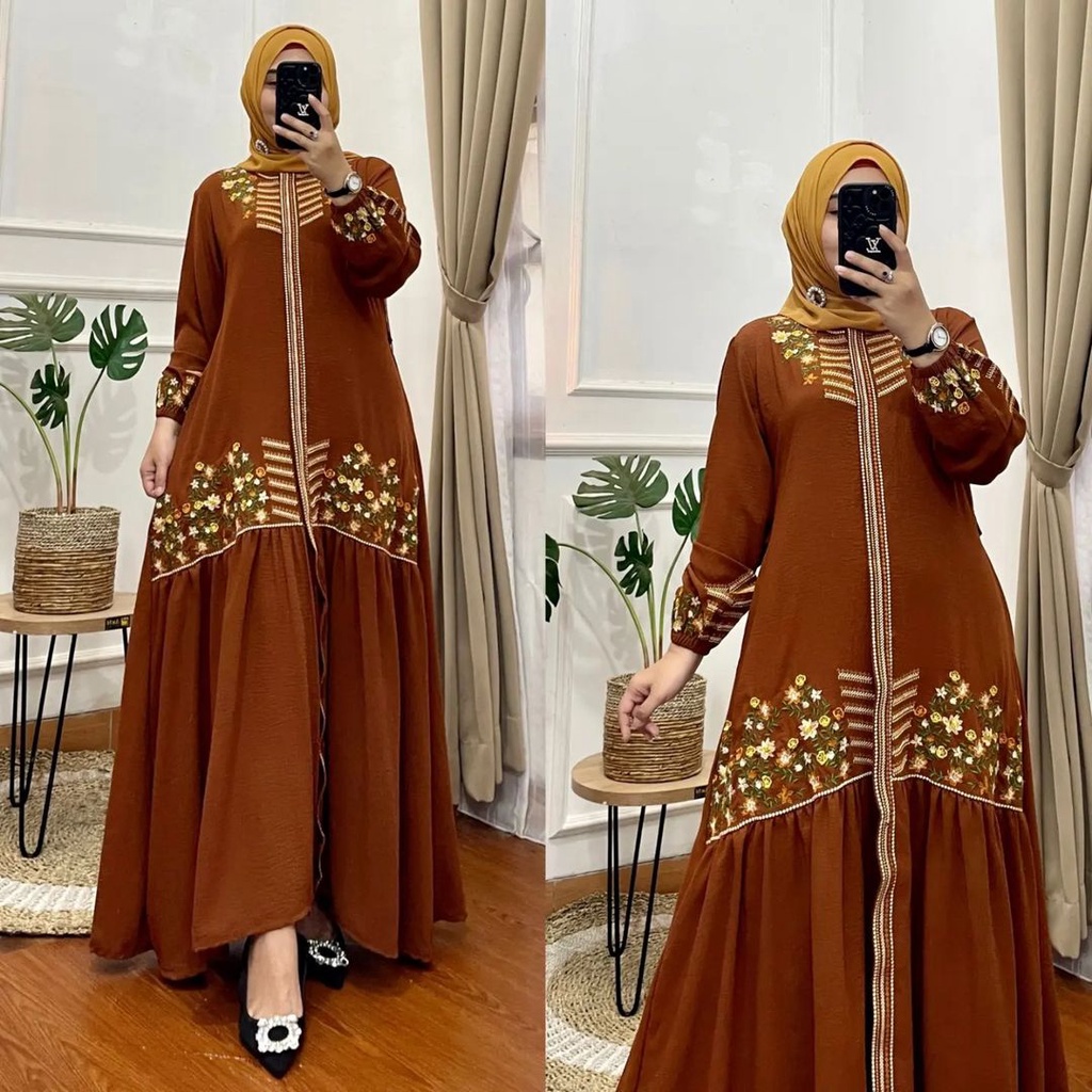 Bunga Dress Gamis Maxi Crinkle Bordir Gaun Panjang Mewah Muslim Wanita Termurah