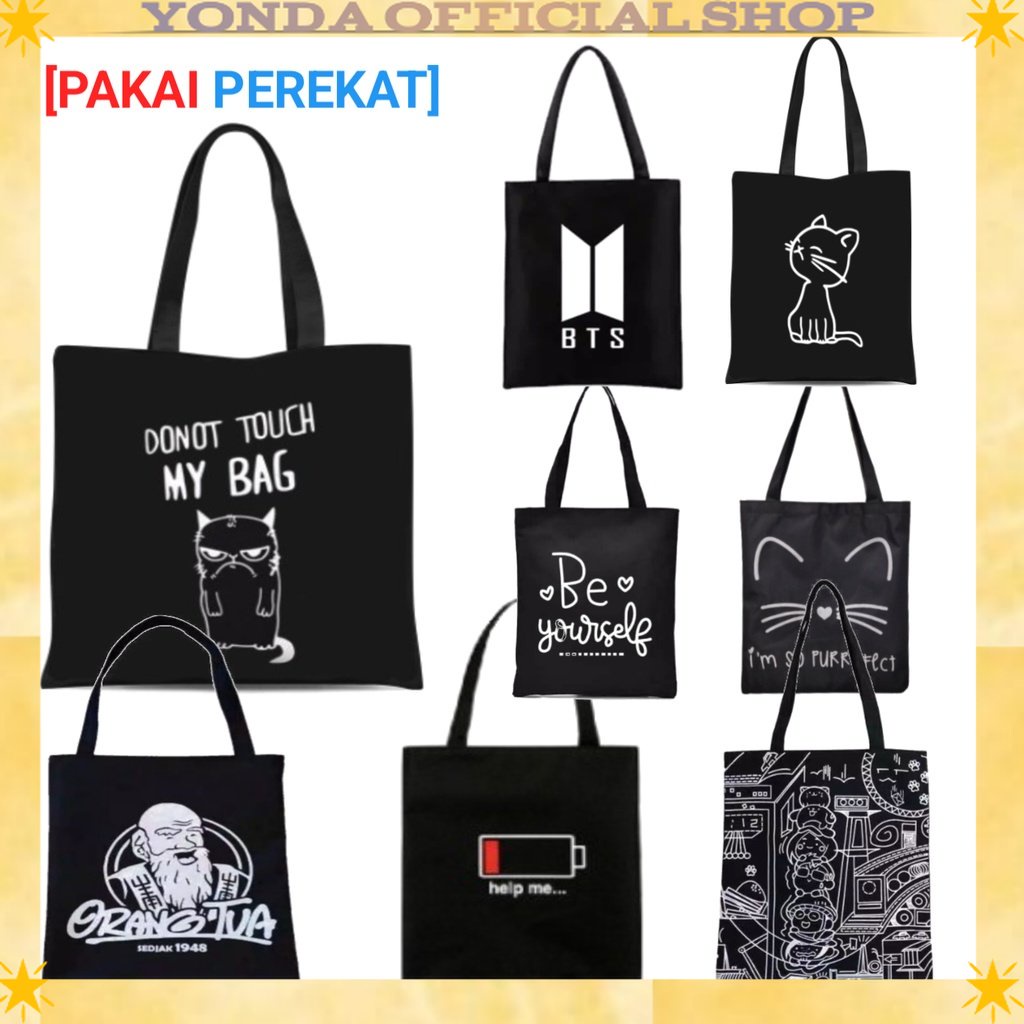 Y1405 - Tas tote bag hitam pria/wanita pakai [PEREKAT] motif chimmy