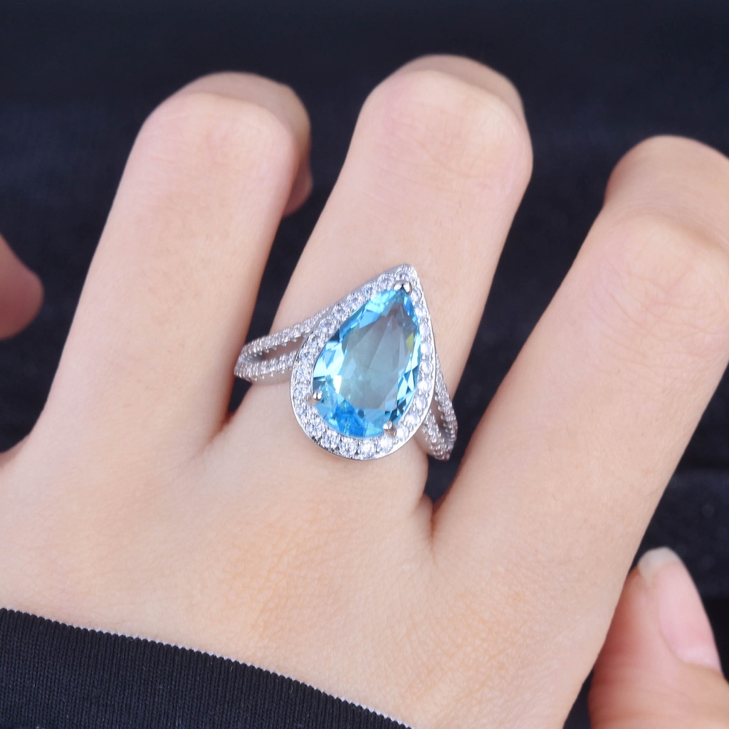 Goldkingdom Aksesoris Perhiasan Fashion Ready Stock Pertunangan Double Drop Pear-Berbentuk Santa Maria Aquamarine Ring