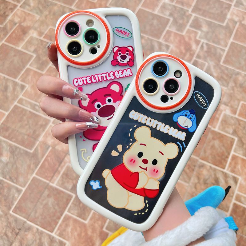 Circular Camera Protect Cream Soft Case IPhone 11 13 12 14 PRO Max Phone Case for Women Girl Cute Lotso Winnie the Bear Strawberry Bear