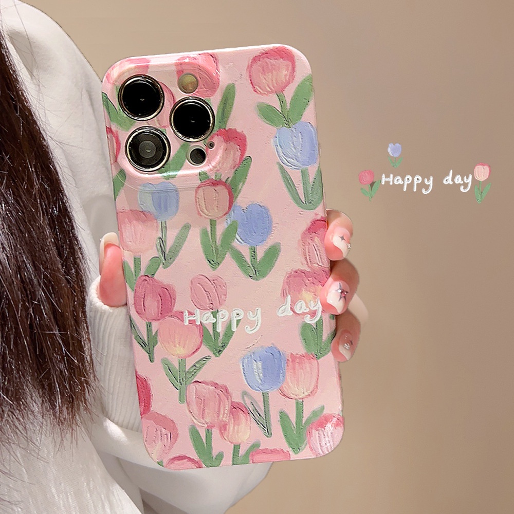 Ins A Sea of Pink Tulips Hard Shell Film Fotografi Case Untuk Iphone SE 2020 7 /8 Plus 14x XR XM 11 12 13 PRO MAX Casing Cover Pelindung AT0285