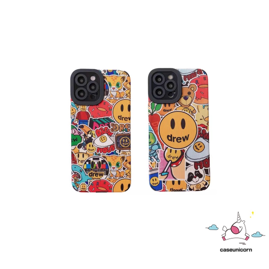 IPHONE Mewah Tekstur Kulit Lucu Graffiti Kartun Beruang Smiley Phone Case Kompatibel Untuk Iphone11 Pro Max XR 13 14 12 Pro Max7 8 Plus X XS Max Trendi Drew House Brand Soft Cover