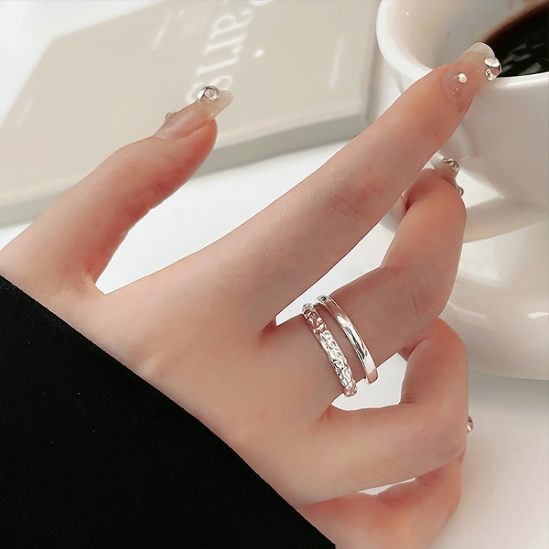 Papaozhu Stylish Double Layer Shiny Silver Wrinkle Open Ring Untuk Wanita Perempuan Trendi Geometris Jari Rings Perhiasan Aksesoris