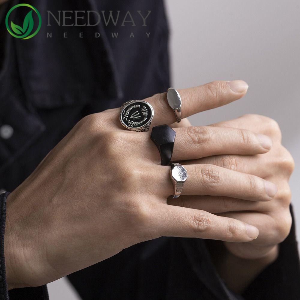 Needway   Pria Set Cincin Geometris Surat Indah Hadiah Ulang Tahun Bintang Niche Desain Alloy Gaya Korea Ring