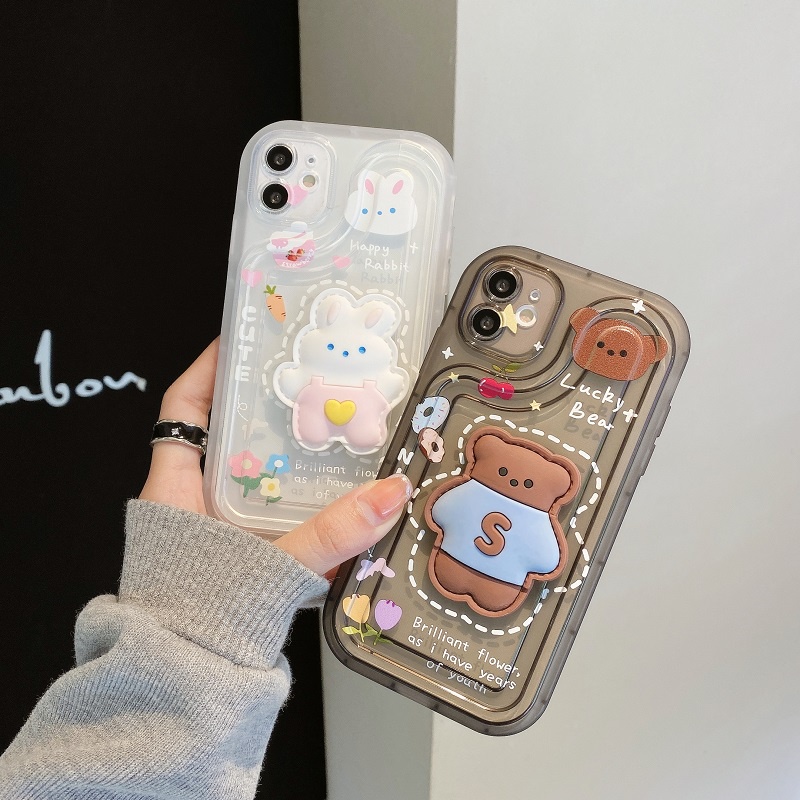 IPHONE Air sac Penebalan Pelindung case Untuk Iphone14 13 12 11 Pro MAX X XR XS Max7 8 Plus Stereoskopik Kartun Beruang Kelinci Lucu Anti-drop