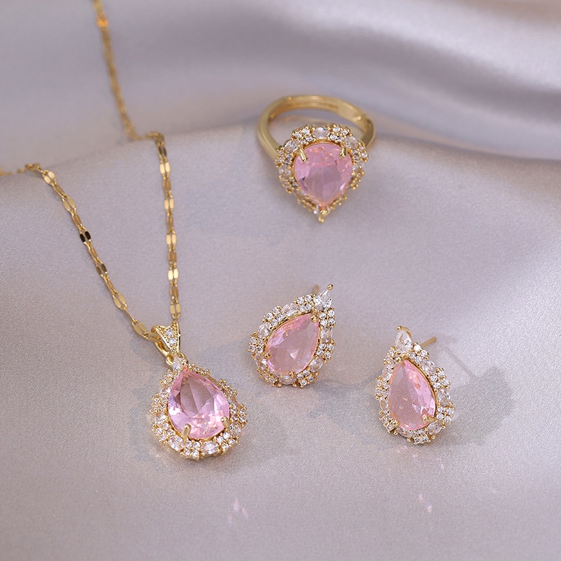 Kalung Lucu Pink Love Droplet Anting Cincin Zirkon Perhiasan Kalung Baja Titanium