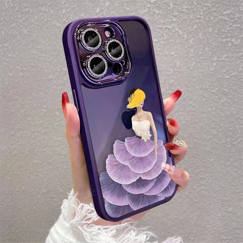 IPHONE Glitter Pelindung Kaca Lensa Kamera Anggun Dewi Putri Gaun Transparan Phone Case Bingkai Silikon Penutup Anti Jatuh Untuk Iphone11 12 13 14 PLUS PRO MAX