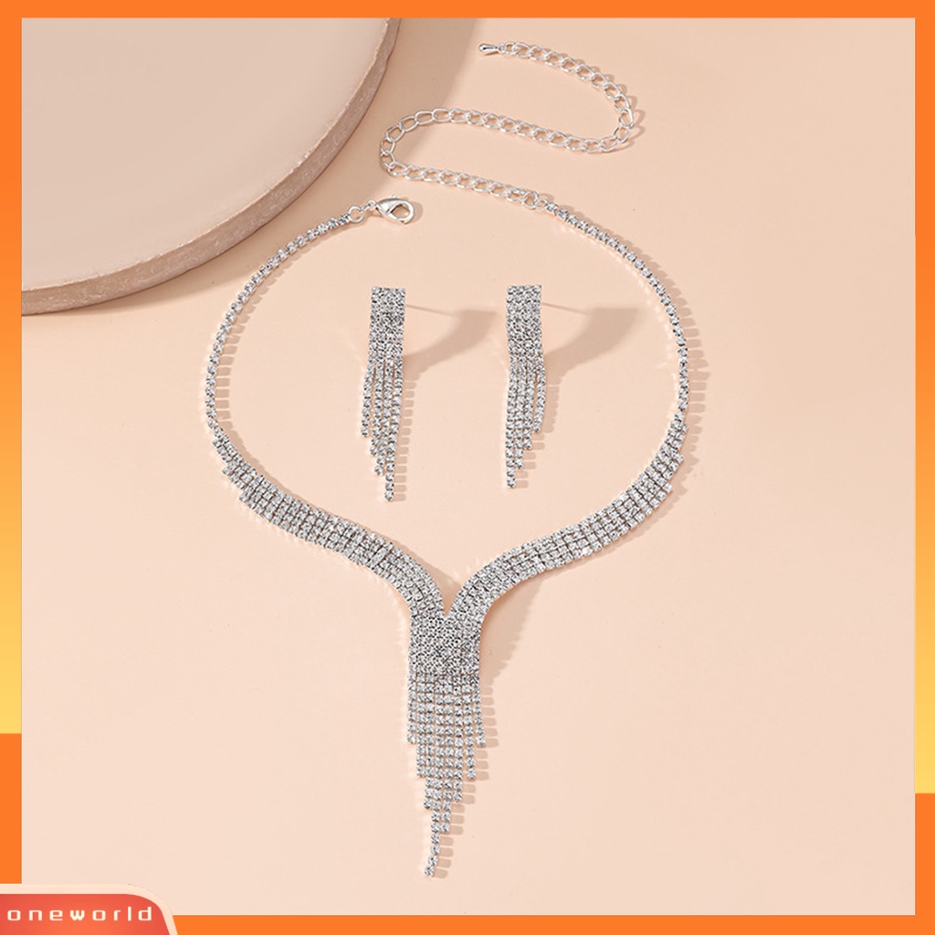 [ONE] 1set Kalung Perhiasan Berlebihan Rumbai Panjang Berlian Imitasi Dress Up Kalung Stud Anting Set Perhiasan Perjamuan Aksesori