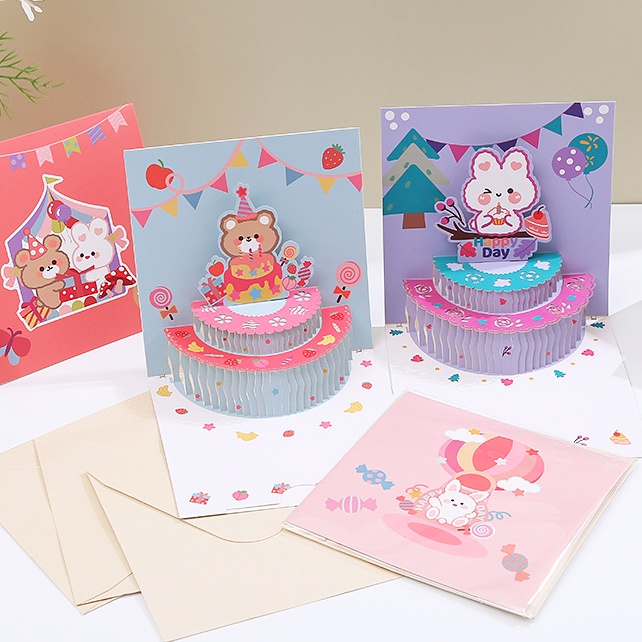 3d Happy Birthday Card Pop Up Greeting Kartu Lucu Kue Ulang Tahun Postcards Hadiah Liburan Dengan Amplop