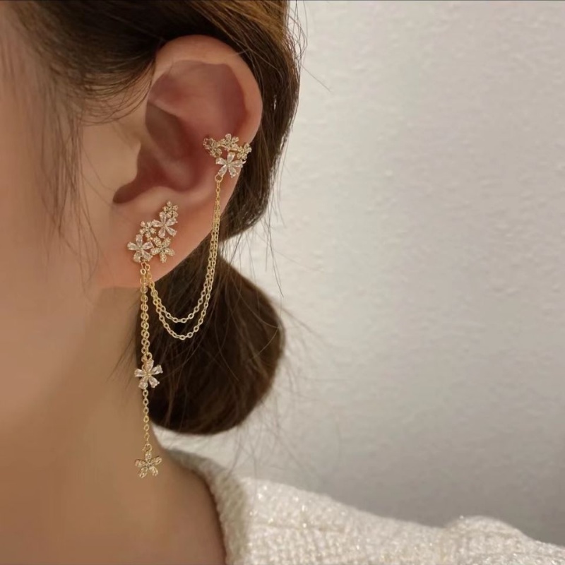 Floral Zirconia Flower Earbone Klip Ear Studs Terintegrasi Cahaya Mewah Fashion Simple Serbaguna