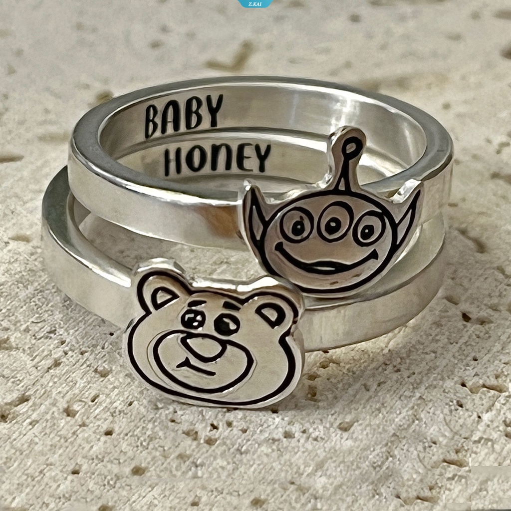 Cute Strawberry Bear Alien Adjustable Ring Jewelry Ornamen Tangan Merancang Cincin Halus Logam Liontin Perhiasan Hadiah [ZK]