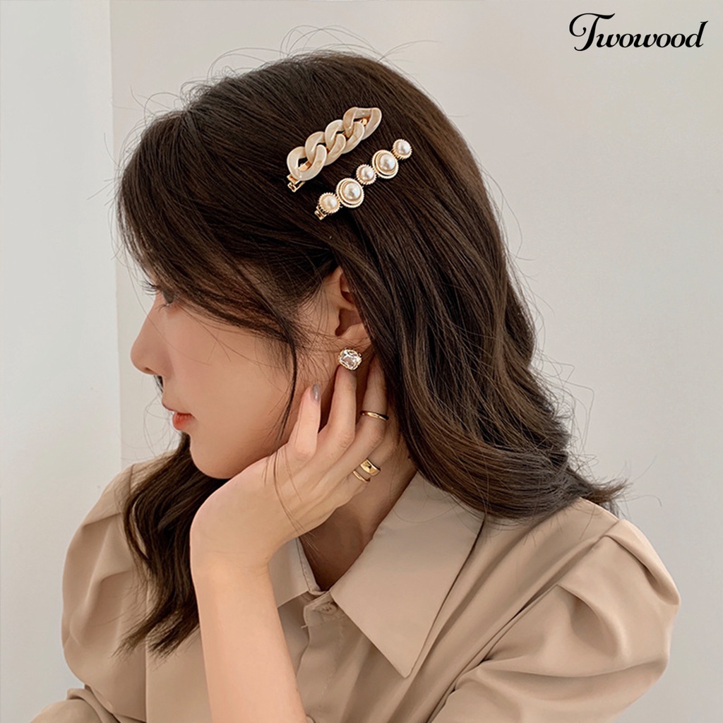 Twowood 2pcs/Set Wanita Jepit Rambut Mutiara Imitasi Non-slip Bentuk Rantai Geometris Ringan Hiasan Transparan Gadis Rambut Dekorasi Hair Clips Aksesoris Rambut