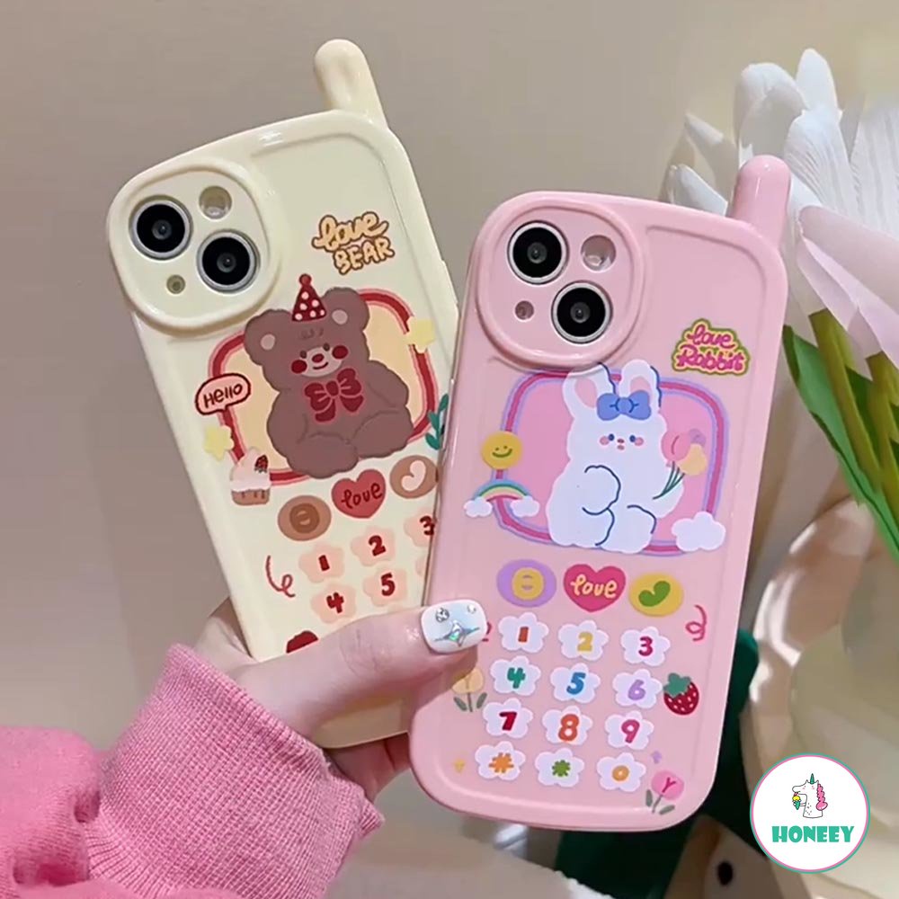 Retro Kreatif Telepon Beruang Lucu Bunny Case Untuk iPhone 14 Pro 12 11 13 14 Pro Max XS XR 3D Telepon Anime Graffiti Pink Cover