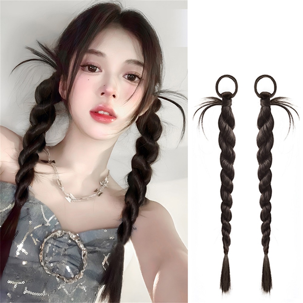 2pcs Y2K Gadis Keren Kepang Double Ponytail Wig Untuk Wanita Ekstensi Rambut 60CM