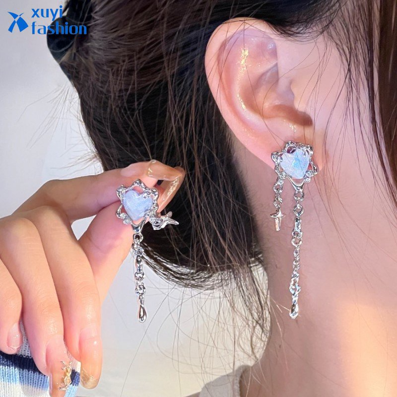 Anting Tetes Zirkon Hati Y2K Kristal Pentagram Anting Rumbai Untuk Wanita Fashion Perhiasan Aksesoris