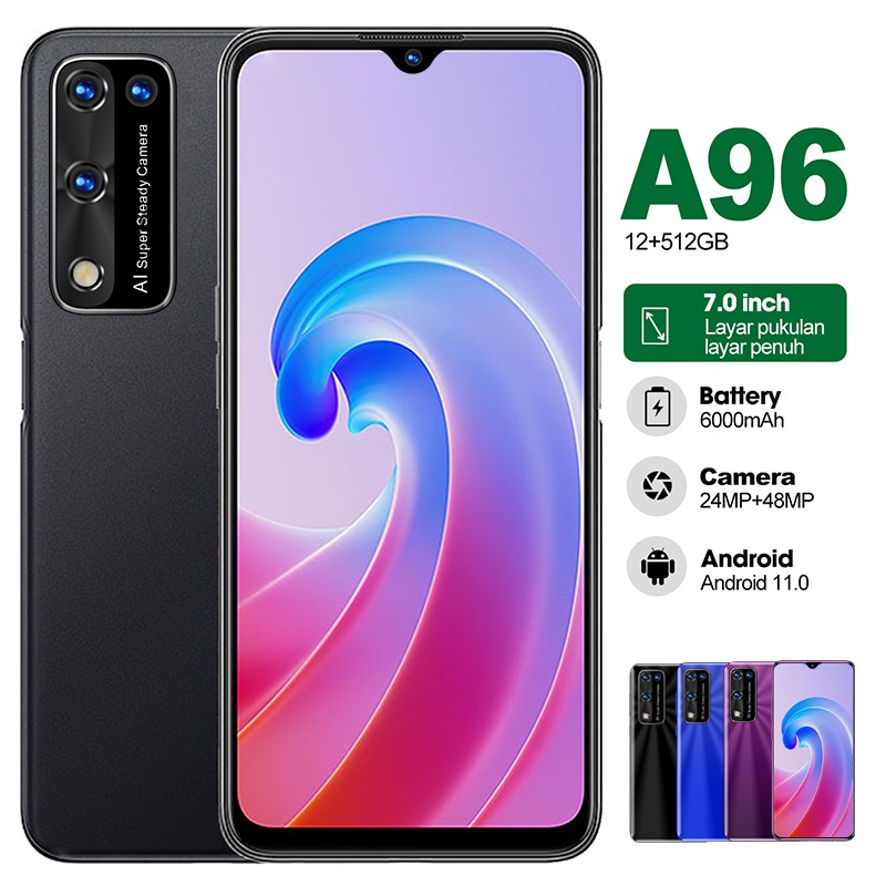 Handphone Baru OPO A96 Layar Penuh 7.0inci Menggunakan Sidik Jadi Ponsel Ram besar 8gb 256GB 128GB 5