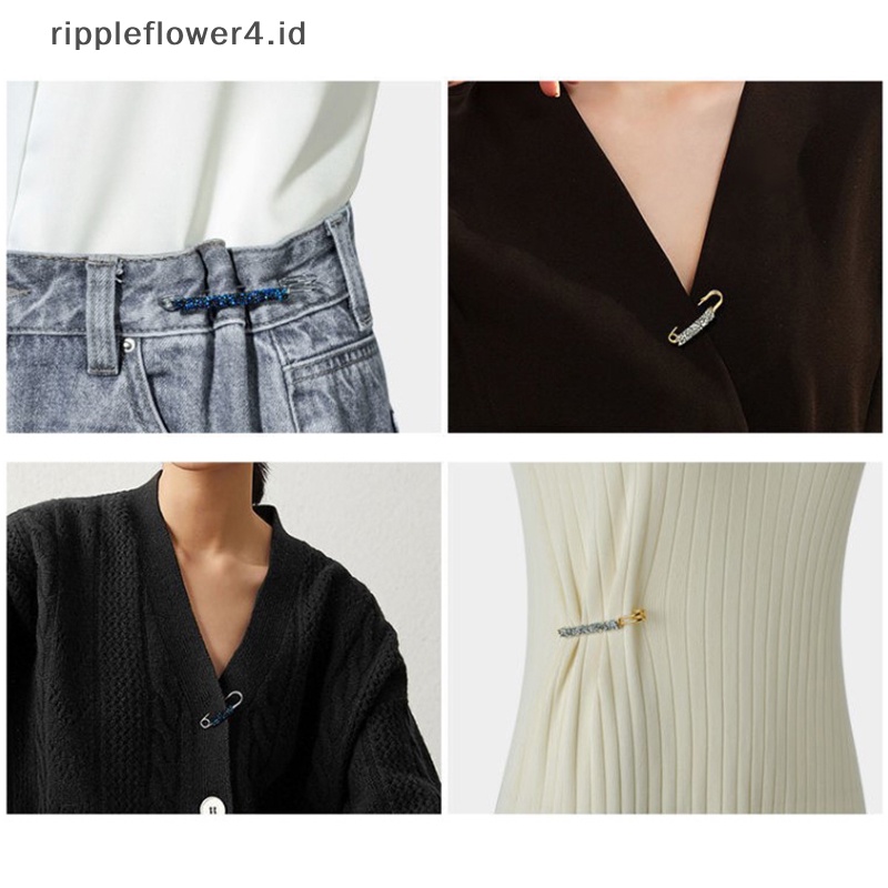 {rippleflower4.id} Fashion Kristal Pinggang Gesper Tali Tetap Pesona Safety Pin Bros Anti Jatuh Sweater Cardigan Klip Rantai Mutiara Bros Perhiasan~