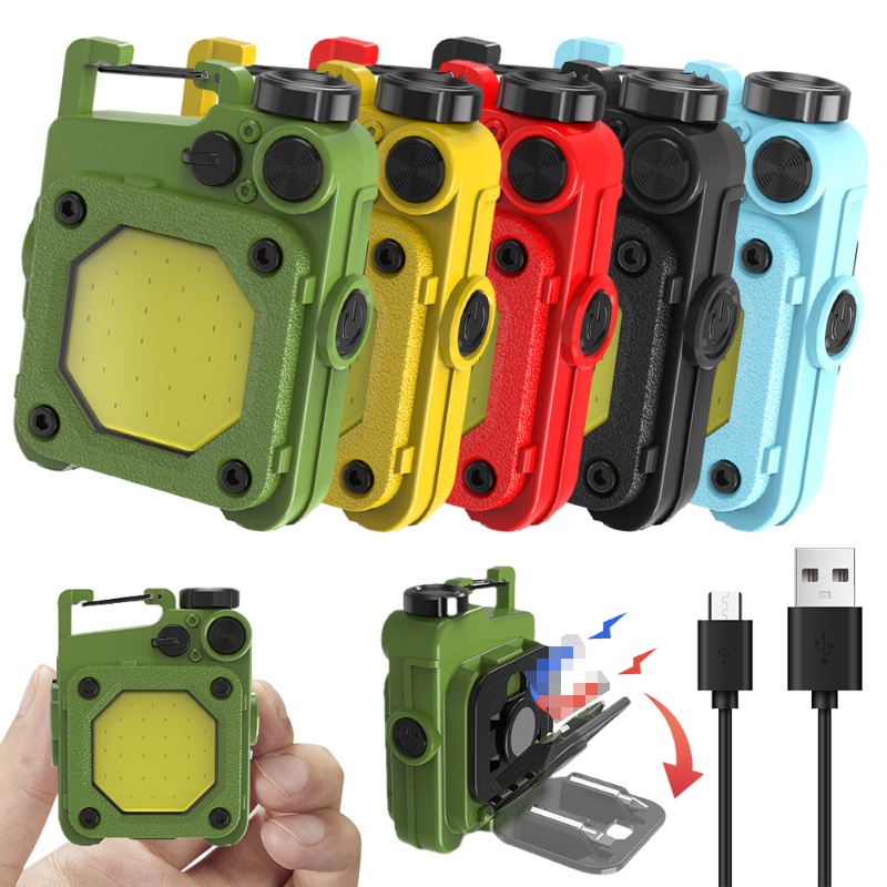 [Unggulan] 6mode LED COB Gantungan Kunci Senter Mini Portable Pocket Torch USB Rechargeable Flash Lantern Sumber Cahaya Ganda Lampu Kerja Berkemah Luar Ruangan Memancing Lampu Peringatan