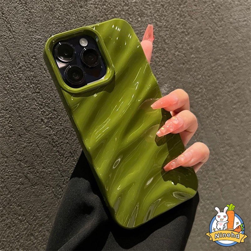 Simple Ins Premium Avocado Green 3D Lipit Gelombang iPhone Case Kompatibel Untuk Iphone14 13 12 11 Pro Max X Xr Xs Max8 7 6 6s Plus SE 2020karet Shockproof Phone Case Soft TPU Cover