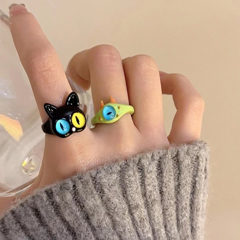 Lucu Kartun Monster Cincin Kucing Hitam Pembukaan Cincin Gothic Punk Mata Cincin INS Manis Keren Jari Cincin Sahabat Pasangan Cincin Wanita Fashion Perhiasan Aksesoris