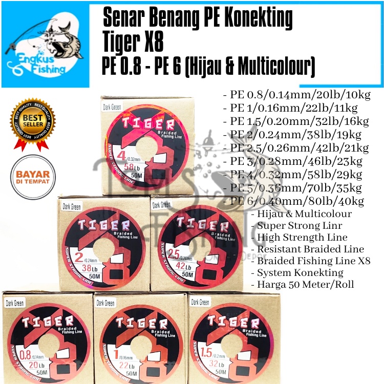 Senar Benang Pancing PE TIGER X8 Braid 50M/Roll (PE 0.8-PE 6) Multicolor Murah - Engkus Fishing