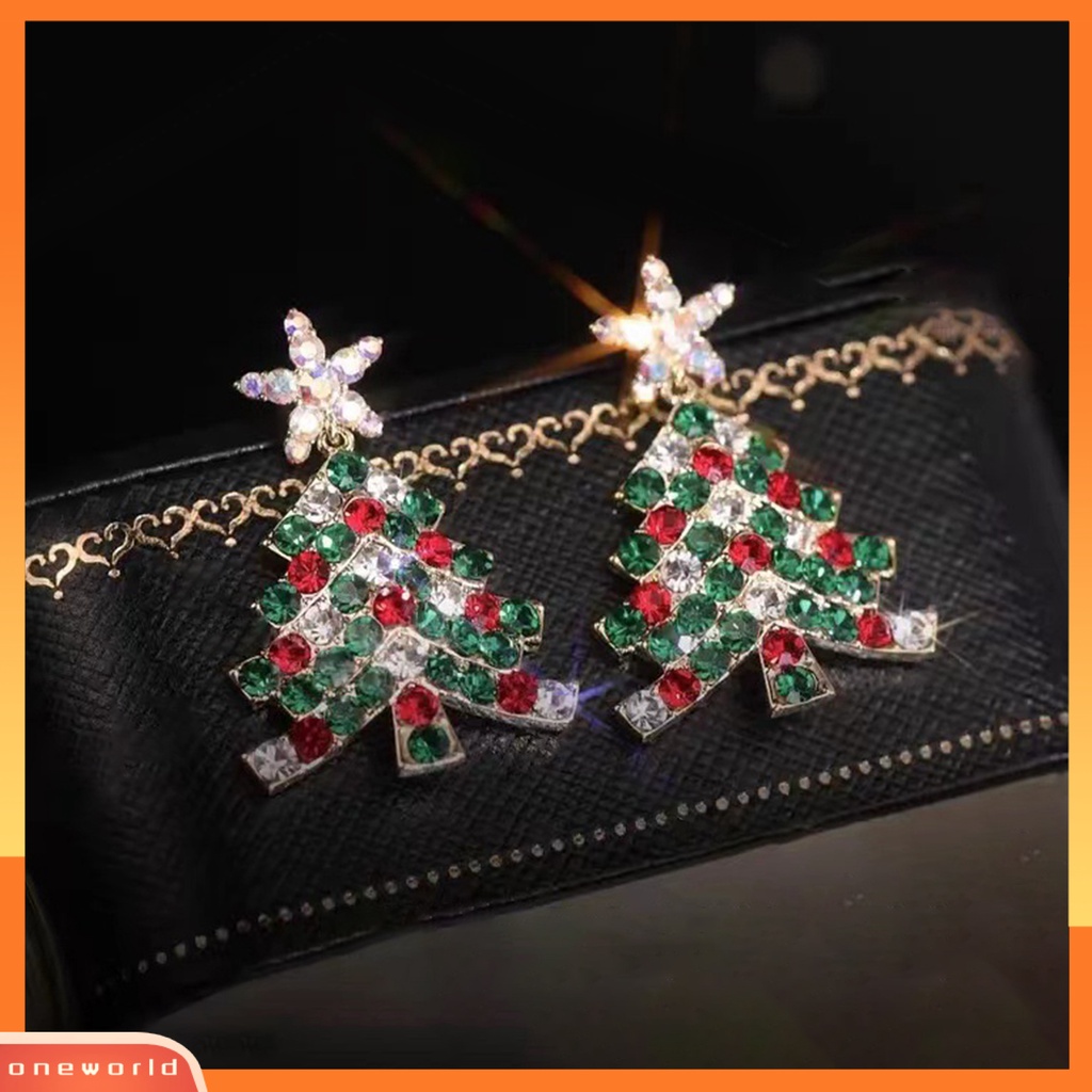 [WOD] 1pasang Wanita Anting Natal High-end Mengkilap Cubic Zirconia Bentuk Pohon Natal Stainless Kaya Warna Menghias Telinga Indah Bentuk Bunga Lady Gantung Anting Hadiah