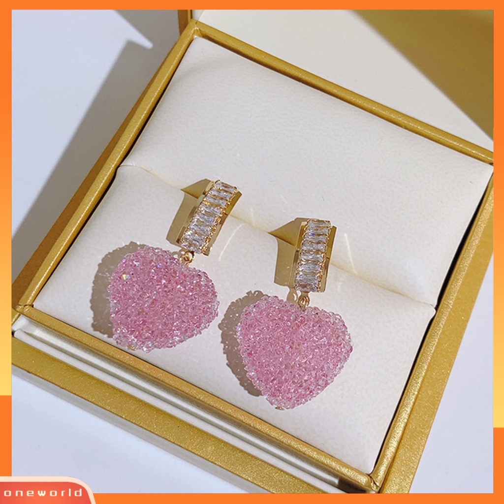 [WOD] 1pasang Anting Menjuntai Shiny Cubic Zirconia Sweet Geometric Anti Luntur Hias Hadiah Ulang Tahun Wanita Pink Fudge Cinta Liontin Stud Earrings Perhiasan Untuk Pacaran