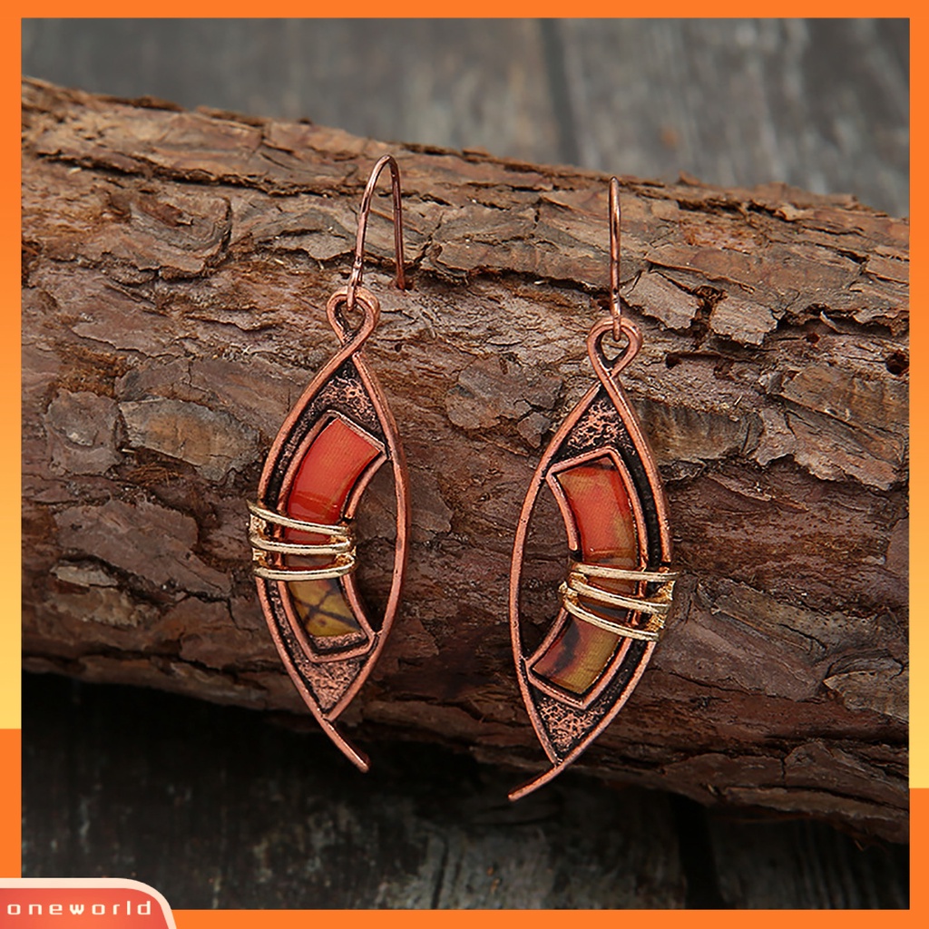 [WOD] 1pasang Orange Batu Tindik Drop Earrings Kulit-Menyentuh Patchwork Warna Berongga Asimetris Kait Anting Perhiasan Aksesoris