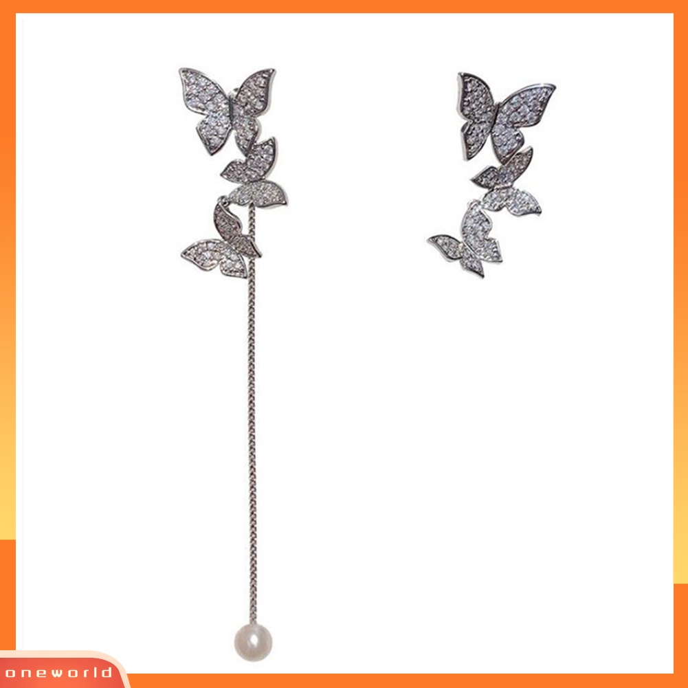 [WOD] Fashion Wanita 3-Butterfly Berlian Imitasi Asimetris Menjuntai Stud Earrings Jewelry