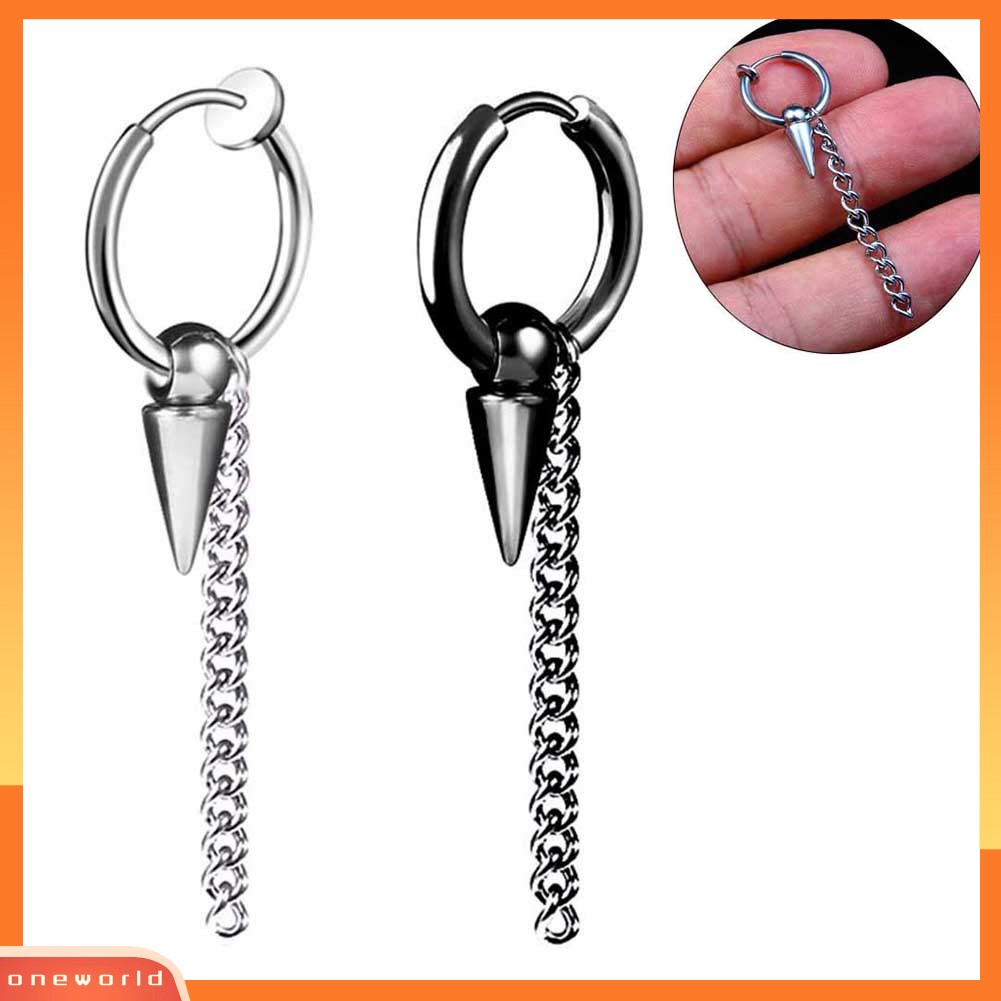 [WOD] 1pc Pria Fashion Stainless Steel Rantai Panjang Telinga Klip Gesper Jalan Hoop Anting