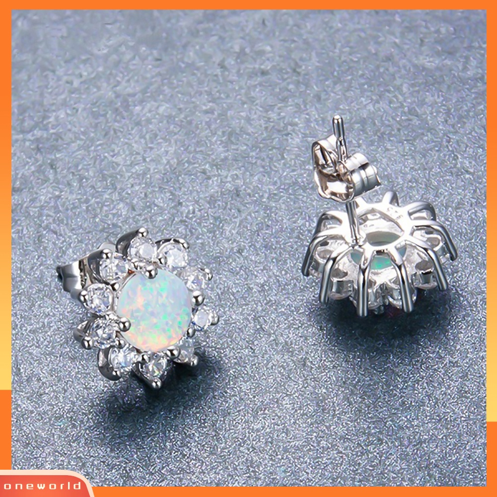 [WOD] Shiny Round Faux Opal Bentuk Mahkota Charm Stud Earrings Wanita Pesta Perhiasan Hadiah