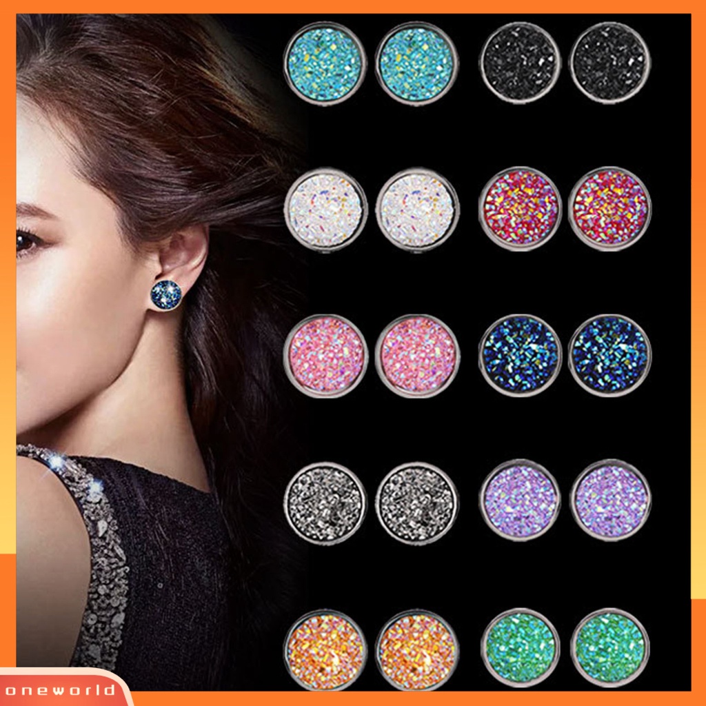 [WOD] 1pasang Ear Stud Hias Stud Telinga Berlian Imitasi Bentuk Bulat Stainless Warna-Warni Untuk Hadiah