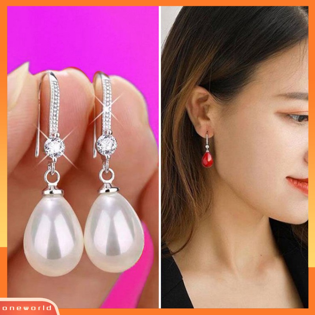 [WOD] 1pasang Anting Wanita Berbentuk Oval Mutiara Imitasi Perhiasan Berlian Imitasi Bersinar Anting Kait Untuk Prom