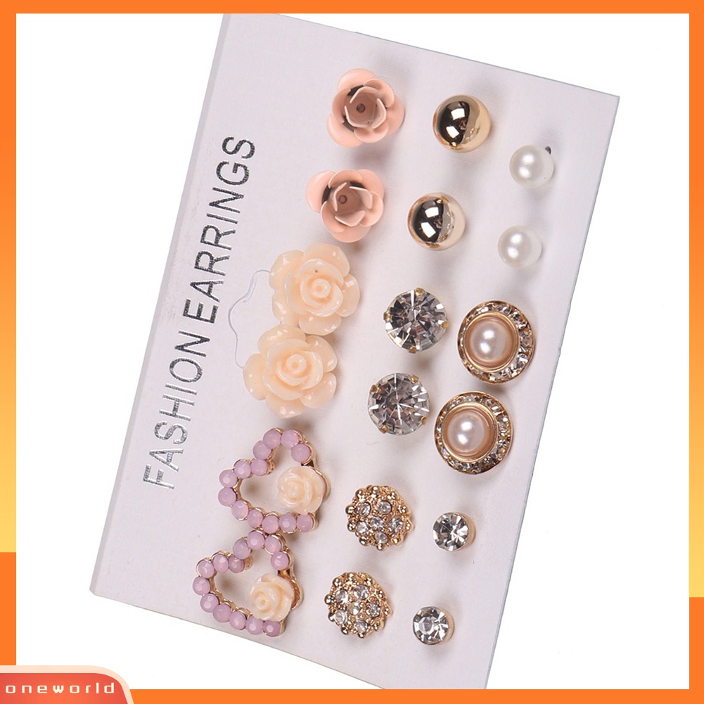 [WOD] 9pasang Wanita Fashion Perhiasan Berlian Imitasi Mengkilap Mutiara Imitasi Stud Earrings Hadiah