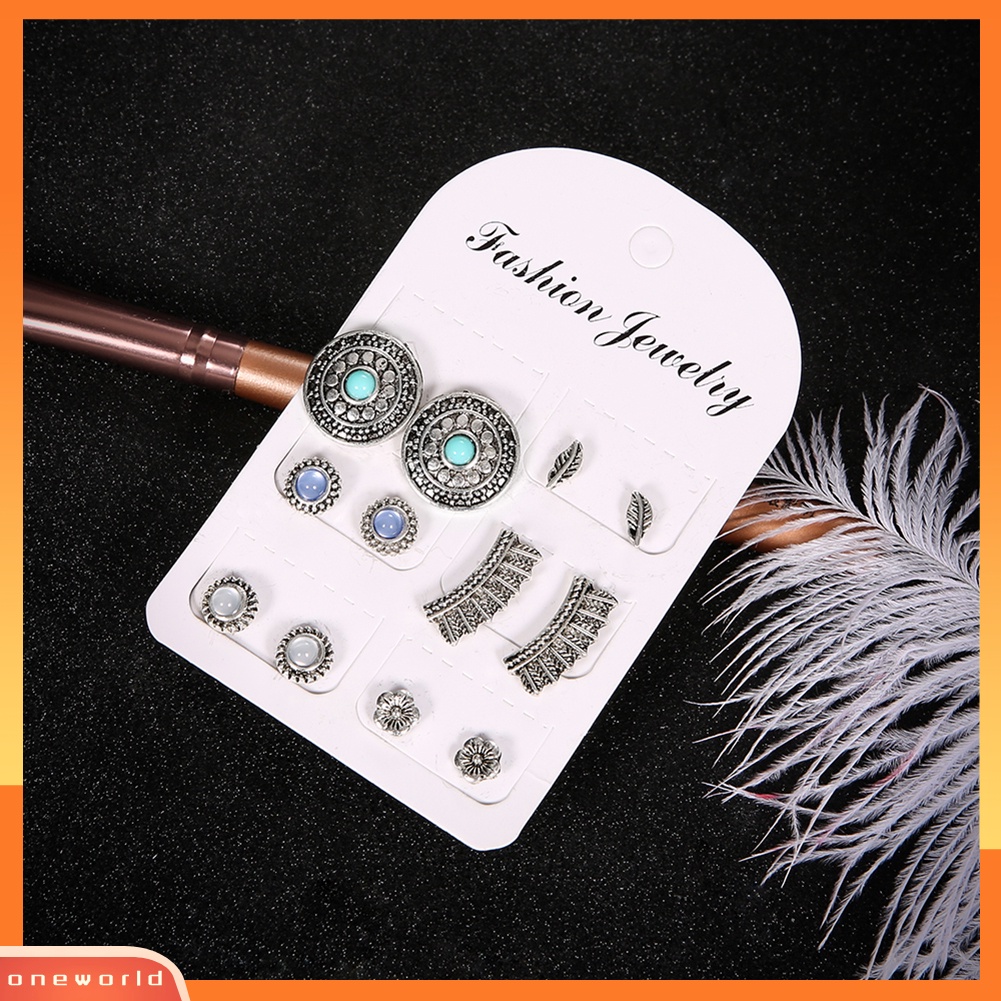 [WOD] 6pasang /Set Retro Bulat Bulu Bunga Manik Stud Anting Wanita Boho Perhiasan Hadiah