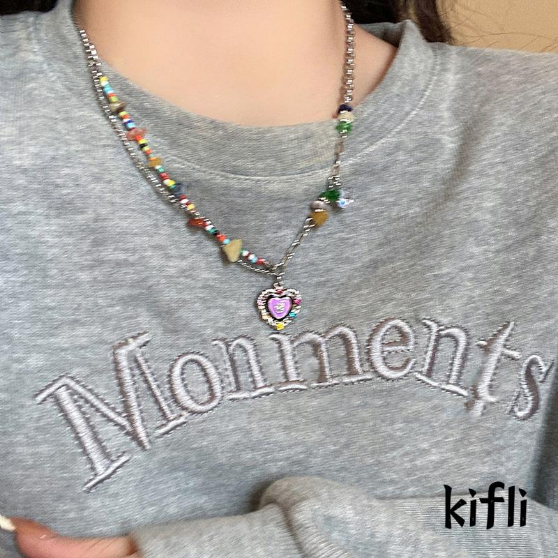 [KD] Spliced Necklace Heart shaped Collarbone Necklace Colorful Rhinestone Manik-Manik Beras Air Alami