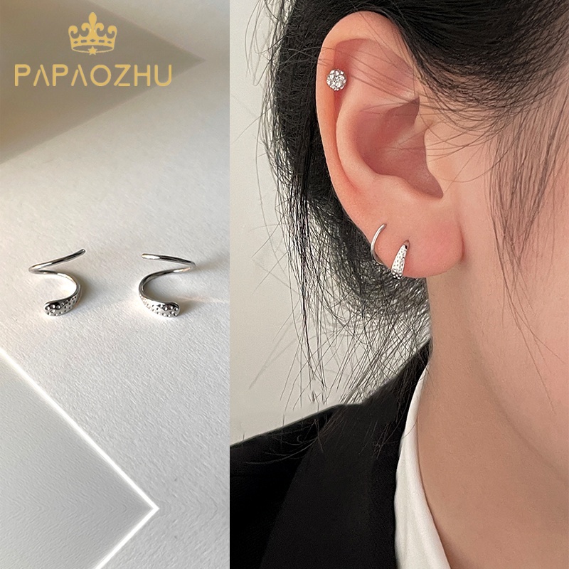 Papaozhu Sederhana S925 Perak Spiral Kait Anting Untuk Wanita Perempuan Trendi Bentuk Ular Cuff Earring Temperamen Anti Alergi Aksesoris Telinga Pakaian Sehari-Hari