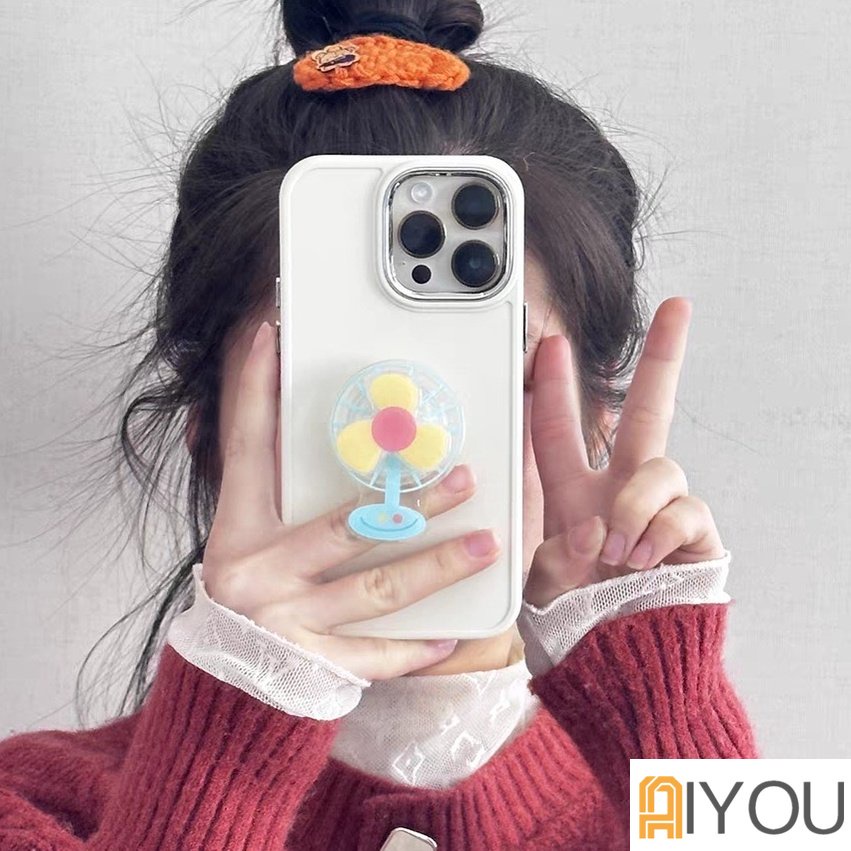 Lucu 3D Dapat Berputar Kipas Bracket Phone Grip Tok Griptok Korea Holder Ring Untuk iPhone 14 13 12 11 Pro Max Dengan Lensa Plating Tombol Lembut TPU Belakang Shockproof Cover