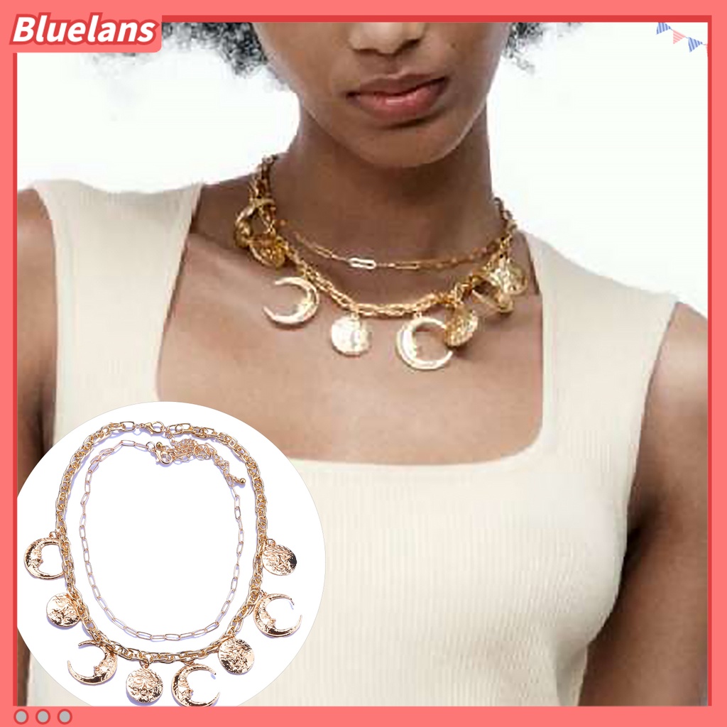 [BLS] Pesona Kalung Electroplating Shiny Adjustable Vintage Dress Up Alloy Baroque Alloy Moon Sun Pendant Necklace Wanita Perhiasan